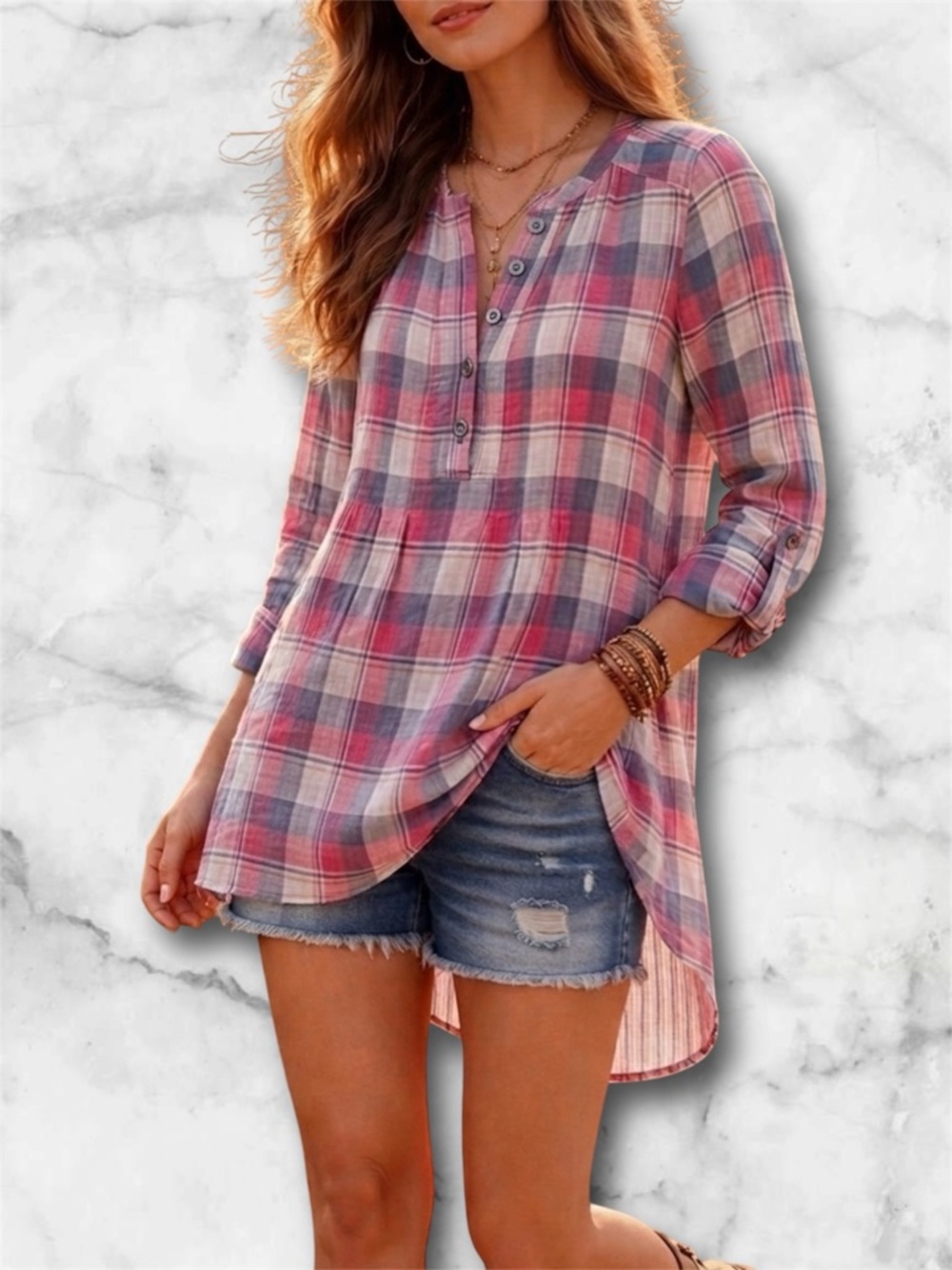 Anthropologie Holding Horses High Low Pink Blue Plaid Tunic Top Western Size 4